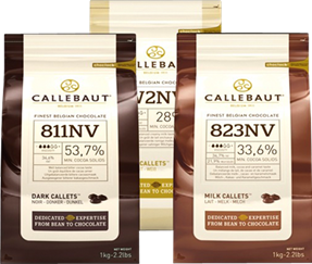 Three bags of Callebaut chips - white, milk and dark